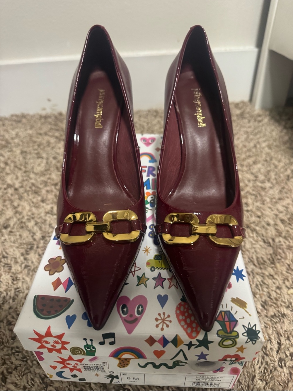 Jeffrey Campbell Burgundy Patent Pointed-Toe Pumps with Gold Chain